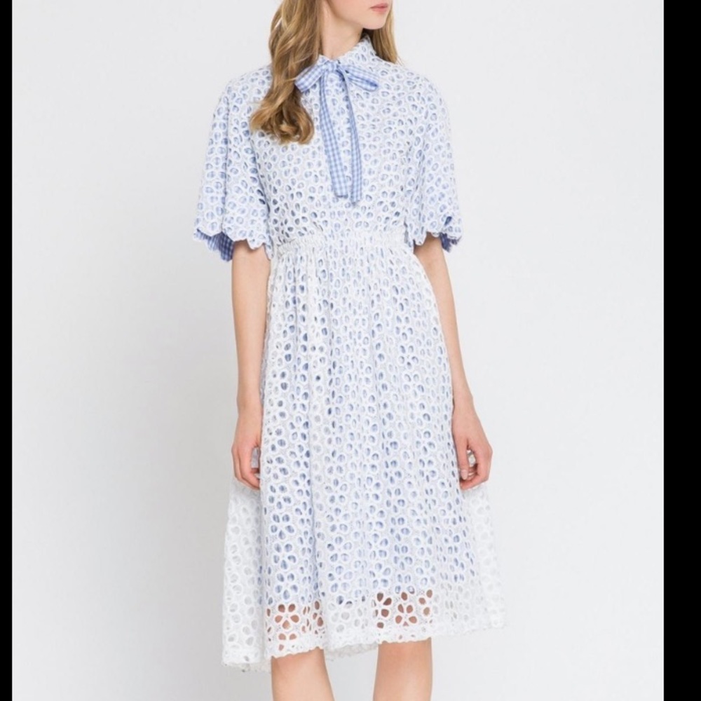 NWT English Factory x Anthropologie Lace Gingham Midi Blue Gingham Eyelet Dress